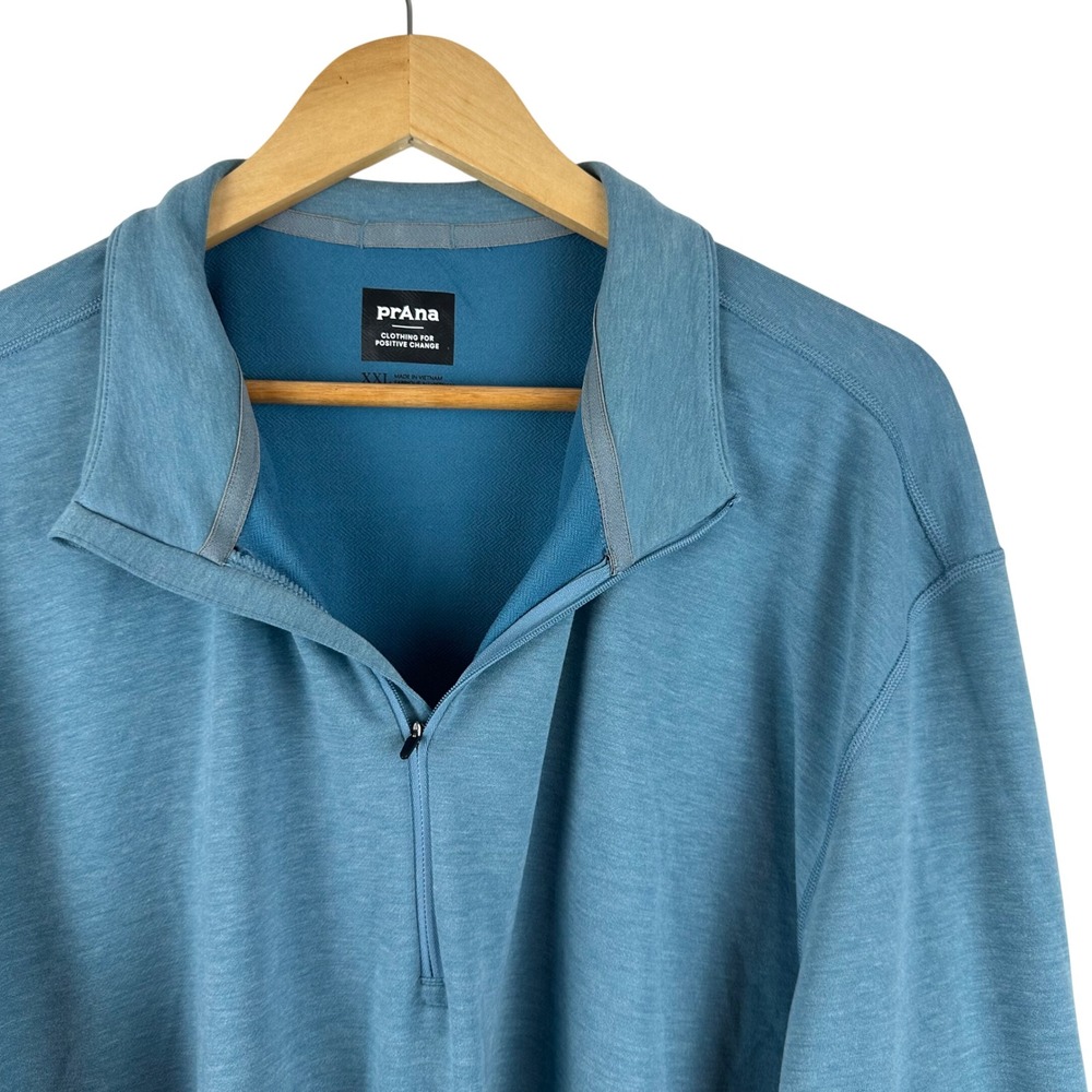 prAna Quarter Zip Pullover Mens XXL Teal Heathered Thumbhole Side Pocket Stretch